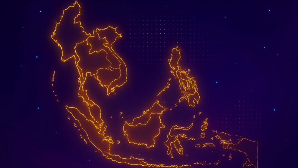 Southeast Asia neon map background in purple and gold, representing AI, SaaS, and IoT innovation